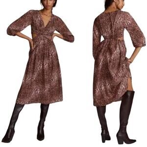 Anthropologie Ranna Gill Midi Dress Cut out Leopard Animal Print Pink NEW S P